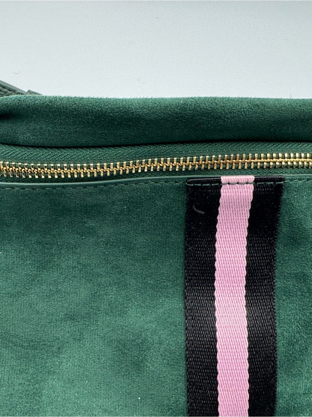 Dark Green Microfiber Crossbody Belt Bag with Pink and Black Accent Stripe - Picture 4 of 9